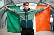 26 March 2025; Billy O’Neill of the Republic of Ireland on their arrival at Dublin Airport following their qualification for the FIFA U-17 World Cup to be held in Qatar, in November 2025. The team reached the Finals for the first time in their history as one of four best-placed runners-up for qualification for the UEFA European Under-17 Championships. Their final standing position of second in Group A6, held in Poland, with six points, seven goals scored and just one goal conceded saw them miss out on the U17 EUROs but it was still enough to see them confirm a place at the World Cup in November. Photo by Stephen McCarthy/Sportsfile