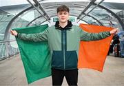 26 March 2025; Gavin McAteer of the Republic of Ireland on their arrival at Dublin Airport following their qualification for the FIFA U-17 World Cup to be held in Qatar, in November 2025. The team reached the Finals for the first time in their history as one of four best-placed runners-up for qualification for the UEFA European Under-17 Championships. Their final standing position of second in Group A6, held in Poland, with six points, seven goals scored and just one goal conceded saw them miss out on the U17 EUROs but it was still enough to see them confirm a place at the World Cup in November. Photo by Stephen McCarthy/Sportsfile