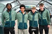 26 March 2025; Members of the Republic of Ireland, from left, Charles Akinrintayo, Victor Ozhianvuna, Brody Lee and Alex Noonan on their arrival at Dublin Airport following their qualification for the FIFA U-17 World Cup to be held in Qatar, in November 2025. The team reached the Finals for the first time in their history as one of four best-placed runners-up for qualification for the UEFA European Under-17 Championships. Their final standing position of second in Group A6, held in Poland, with six points, seven goals scored and just one goal conceded saw them miss out on the U17 EUROs but it was still enough to see them confirm a place at the World Cup in November. Photo by Stephen McCarthy/Sportsfile
