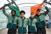 26 March 2025; Members of the Republic of Ireland, from left, Charles Akinrintayo, Victor Ozhianvuna, Brody Lee and Alex Noonan on their arrival at Dublin Airport following their qualification for the FIFA U-17 World Cup to be held in Qatar, in November 2025. The team reached the Finals for the first time in their history as one of four best-placed runners-up for qualification for the UEFA European Under-17 Championships. Their final standing position of second in Group A6, held in Poland, with six points, seven goals scored and just one goal conceded saw them miss out on the U17 EUROs but it was still enough to see them confirm a place at the World Cup in November. Photo by Stephen McCarthy/Sportsfile