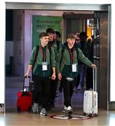 26 March 2025; Billy O’Neill and Brody Lee, right, of the Republic of Ireland on their arrival at Dublin Airport following their qualification for the FIFA U-17 World Cup to be held in Qatar, in November 2025. The team reached the Finals for the first time in their history as one of four best-placed runners-up for qualification for the UEFA European Under-17 Championships. Their final standing position of second in Group A6, held in Poland, with six points, seven goals scored and just one goal conceded saw them miss out on the U17 EUROs but it was still enough to see them confirm a place at the World Cup in November. Photo by Stephen McCarthy/Sportsfile