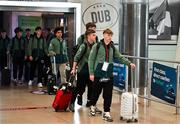 26 March 2025; Brody Lee of the Republic of Ireland on their arrival at Dublin Airport following their qualification for the FIFA U-17 World Cup to be held in Qatar, in November 2025. The team reached the Finals for the first time in their history as one of four best-placed runners-up for qualification for the UEFA European Under-17 Championships. Their final standing position of second in Group A6, held in Poland, with six points, seven goals scored and just one goal conceded saw them miss out on the U17 EUROs but it was still enough to see them confirm a place at the World Cup in November. Photo by Stephen McCarthy/Sportsfile