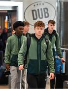 26 March 2025; Billy Canny of the Republic of Ireland on their arrival at Dublin Airport following their qualification for the FIFA U-17 World Cup to be held in Qatar, in November 2025. The team reached the Finals for the first time in their history as one of four best-placed runners-up for qualification for the UEFA European Under-17 Championships. Their final standing position of second in Group A6, held in Poland, with six points, seven goals scored and just one goal conceded saw them miss out on the U17 EUROs but it was still enough to see them confirm a place at the World Cup in November. Photo by Stephen McCarthy/Sportsfile
