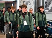 26 March 2025; Vincent Leonard of the Republic of Ireland on their arrival at Dublin Airport following their qualification for the FIFA U-17 World Cup to be held in Qatar, in November 2025. The team reached the Finals for the first time in their history as one of four best-placed runners-up for qualification for the UEFA European Under-17 Championships. Their final standing position of second in Group A6, held in Poland, with six points, seven goals scored and just one goal conceded saw them miss out on the U17 EUROs but it was still enough to see them confirm a place at the World Cup in November. Photo by Stephen McCarthy/Sportsfile