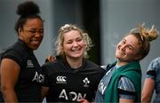 27 March 2025; Grace Moore, left, Sadhbh McGrath, centre, and Neve Jones during an Ireland Women's Rugby squad training session at the IRFU High Performance Centre in Dublin. Photo by Seb Daly/Sportsfile
