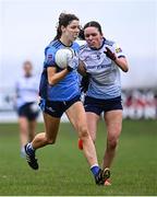 27 March 2025; Cora McDonnell of Eureka Secondary School in action against Sienna Kelly of Mount St Michael during the Lidl LGFA PPS All-Ireland Senior B final match between Eureka Secondary School of Kells in Meath and Mount St Michael of Claremorris in Mayo at St Brigid's GAA in Roscommon. Photo by Piaras Ó Mídheach/Sportsfile