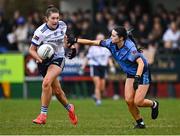 27 March 2025; Bree Hession of Mount St Michael in action against Katie Lynch of Eureka Secondary School during the Lidl LGFA PPS All-Ireland Senior B final match between Eureka Secondary School of Kells in Meath and Mount St Michael of Claremorris in Mayo at St Brigid's GAA in Roscommon. Photo by Piaras Ó Mídheach/Sportsfile
