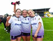 27 March 2025; Skibbereen Community School players, from left, Niamh O'Sullivan, Hannah Sheehy and Becca Sheehy celebrate after the Lidl LGFA PPS All-Ireland Senior A final match between Loreto, Cavan, and Skibbereen Community School, Cork, at UPMC Nowlan Park in Kilkenny. Photo by Matt Browne/Sportsfile