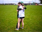 27 March 2025; Amy Cummins of Mount St Michael celebrates with a supporter after her side's victory in the Lidl LGFA PPS All-Ireland Senior B final match between Eureka Secondary School of Kells in Meath and Mount St Michael of Claremorris in Mayo at St Brigid's GAA in Roscommon. Photo by Piaras Ó Mídheach/Sportsfile
