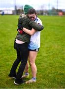 27 March 2025; Amy Cummins of Mount St Michael celebrates with a supporter after her side's victory in the Lidl LGFA PPS All-Ireland Senior B final match between Eureka Secondary School of Kells in Meath and Mount St Michael of Claremorris in Mayo at St Brigid's GAA in Roscommon. Photo by Piaras Ó Mídheach/Sportsfile