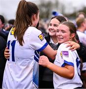 27 March 2025; Ashleagh Salmon of Mount St Michael, right, celebrates after her side's victory in the Lidl LGFA PPS All-Ireland Senior B final match between Eureka Secondary School of Kells in Meath and Mount St Michael of Claremorris in Mayo at St Brigid's GAA in Roscommon. Photo by Piaras Ó Mídheach/Sportsfile