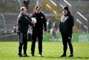 23 March 2025; Galway coach Mickey Graham, left, with selectors John Concannon, centre, and Micheál Ó Domhnaill before the Allianz Football League Division 1 match between Galway and Kerry at Pearse Stadium in Galway. Photo by Brendan Moran/Sportsfile