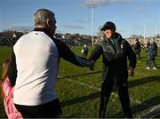 23 March 2025; Kerry manager Jack O'Connor, right, chakes hands with Galway manager Padraic Joyce after the Allianz Football League Division 1 match between Galway and Kerry at Pearse Stadium in Galway. Photo by Brendan Moran/Sportsfile