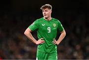 23 March 2025; Evan Ferguson of Republic of Ireland during the UEFA Nations League B/C Play-off 2nd Leg match between Republic of Ireland and Bulgaria at the Aviva Stadium in Dublin. Photo by Ben McShane/Sportsfile