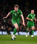 23 March 2025; Evan Ferguson of Republic of Ireland during the UEFA Nations League B/C Play-off 2nd Leg match between Republic of Ireland and Bulgaria at the Aviva Stadium in Dublin. Photo by Ben McShane/Sportsfile
