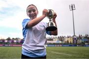 28 March 2025; DLR captain Lucy Scanlon after her side's victory in the match between DCC and DLR during the Leinster Rugby 2025 Metropolitan County Council Cup Finals at Energia Park in Dublin. Photo by Shauna Clinton/Sportsfile