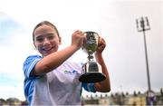 28 March 2025; DLR captain Lucy Scanlon after her side's victory in the match between DCC and DLR during the Leinster Rugby 2025 Metropolitan County Council Cup Finals at Energia Park in Dublin. Photo by Shauna Clinton/Sportsfile