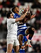 28 March 2025; Ben Loader of DHL Stormers and Jacob Stockdale of Ulster contest a high-ball during the United Rugby Championship match between Ulster and DHL Stormers at the Kingspan Stadium in Belfast. Photo by Ben McShane/Sportsfile