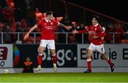 28 March 2025; Reece Hutchinson of Sligo Rovers, left, celebrates with teammate Jad Hakiki after scoring their side's first goal during the SSE Airtricity Men's Premier Division match between Sligo Rovers and Shelbourne at The Showgrounds in Sligo. Photo by Seb Daly/Sportsfile