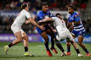 28 March 2025; Damian Willemse of DHL Stormers is tackled by Ben Carson, left, and Zac Ward of Ulster during the United Rugby Championship match between Ulster and DHL Stormers at the Kingspan Stadium in Belfast. Photo by Ben McShane/Sportsfile