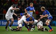 28 March 2025; Ali Vermaak of DHL Stormers is tackled by Callum Reid, left, and Alan O'Connor of Ulster during the United Rugby Championship match between Ulster and DHL Stormers at the Kingspan Stadium in Belfast. Photo by Ben McShane/Sportsfile