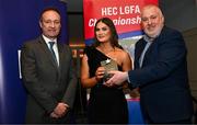 28 March 2025; Kelli McGrath of Atlantic Technological University Galway is presented with her AIG Ladies HEC Rising Stars 2025 award from John Gillick, Head of Consumer Marketing and Sponsorship, AIG Ireland, left, and Daniel Caldwell, Chairperson Ladies HEC, at the 2025 AIG Ladies HEC All-Stars and Rising Stars evening, at the Dublin Bonnington Hotel. Photo by Ramsey Cardy/Sportsfile