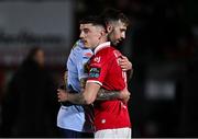 28 March 2025; Ellis Chapman of Shelbourne and Reece Hutchinson of Sligo Rovers after the SSE Airtricity Men's Premier Division match between Sligo Rovers and Shelbourne at The Showgrounds in Sligo. Photo by Seb Daly/Sportsfile