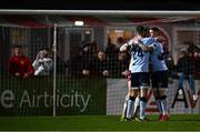 28 March 2025; Shelbourne players Lewis Temple, goalkeeper Conor Kearns and Kameron Ledwidge celebrate after their side's victory in the SSE Airtricity Men's Premier Division match between Sligo Rovers and Shelbourne at The Showgrounds in Sligo. Photo by Seb Daly/Sportsfile