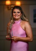28 March 2025; Sarah Reynolds of DCU Dóchas Éireann with her AIG Ladies HEC All-Stars 2025 award at the 2025 AIG Ladies HEC All-Stars and Rising Stars evening, at the Dublin Bonnington Hotel. Photo by Ramsey Cardy/Sportsfile