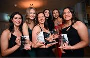 28 March 2025; DCU Dóchas Éireann players, from left to right, Caoimhe Boyle, Emily Hevey, Riane McGrath, Niamh McCorry, Áine Smith and Sarah Boyd with their AIG Ladies HEC Rising Stars 2025 award at the 2025 AIG Ladies HEC All-Stars and Rising Stars evening, at the Dublin Bonnington Hotel. Photo by Ramsey Cardy/Sportsfile