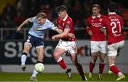 28 March 2025; Sean Boyd of Shelbourne in action against Gareth McElroy of Sligo Rovers during the SSE Airtricity Men's Premier Division match between Sligo Rovers and Shelbourne at The Showgrounds in Sligo. Photo by Seb Daly/Sportsfile