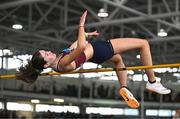 29 March 2025; Isabel Hayde of Newport AC, Tipperary, competes in the Girls U17 High Jump during day one of the 123.ie National Indoor Juvenile Championships at the TUS Indoor Arena in Athlone, Westmeath. Photo by Ben McShane/Sportsfile