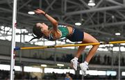 29 March 2025; Rebecca Moynihan of Tuam AC, Galway, competes in the Girls U17 High Jump during day one of the 123.ie National Indoor Juvenile Championships at the TUS Indoor Arena in Athlone, Westmeath. Photo by Ben McShane/Sportsfile