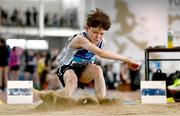 29 March 2025; Naoise O Connor of South Galway AC, Galway, competes in the Boys U12 Long Jump during day one of the 123.ie National Indoor Juvenile Championships at the TUS Indoor Arena in Athlone, Westmeath. Photo by Ben McShane/Sportsfile