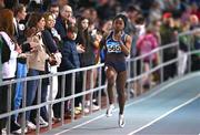 29 March 2025; Tiffany Nwaedozie of Belgooly AC, Cork, competes in the Girls U17 200m during day one of the 123.ie National Indoor Juvenile Championships at the TUS Indoor Arena in Athlone, Westmeath. Photo by Ben McShane/Sportsfile