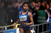 29 March 2025; Tiffany Nwaedozie of Belgooly AC, Cork, competes in the Girls U17 200m during day one of the 123.ie National Indoor Juvenile Championships at the TUS Indoor Arena in Athlone, Westmeath. Photo by Ben McShane/Sportsfile