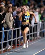 29 March 2025; Kate Maher of Kilkenny City Harriers AC, Kilkenny, competes in the Girls U17 200m during day one of the 123.ie National Indoor Juvenile Championships at the TUS Indoor Arena in Athlone, Westmeath. Photo by Ben McShane/Sportsfile