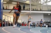 29 March 2025; Destiny Lawal of Dooneen AC, Kerry, competes in the Girls U17 60m during day one of the 123.ie National Indoor Juvenile Championships at the TUS Indoor Arena in Athlone, Westmeath. Photo by Ben McShane/Sportsfile