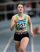 29 March 2025; Nell Thompson of Killarney Valley AC, Kerry, competes in the Girls U17 200m during day one of the 123.ie National Indoor Juvenile Championships at the TUS Indoor Arena in Athlone, Westmeath. Photo by Ben McShane/Sportsfile