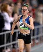 29 March 2025; Lily Fitzpatrick of Metro/St. Brigids AC, Dublin, competes in the Girls U17 200m during day one of the 123.ie National Indoor Juvenile Championships at the TUS Indoor Arena in Athlone, Westmeath. Photo by Ben McShane/Sportsfile
