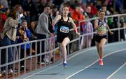29 March 2025; Saoirse Ballesty Byrne of Naas AC, Kildare, competes in the Girls U17 200m during day one of the 123.ie National Indoor Juvenile Championships at the TUS Indoor Arena in Athlone, Westmeath. Photo by Ben McShane/Sportsfile