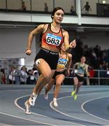 29 March 2025; Eva Lopez Fuertes of Reeside AC, Roscommon, competes in the Girls U17 200m during day one of the 123.ie National Indoor Juvenile Championships at the TUS Indoor Arena in Athlone, Westmeath. Photo by Ben McShane/Sportsfile