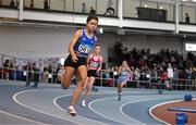 29 March 2025; Alice Kamgang of Celtic DCH AC, Dublin, competes in the Girls U17 200m during day one of the 123.ie National Indoor Juvenile Championships at the TUS Indoor Arena in Athlone, Westmeath. Photo by Ben McShane/Sportsfile