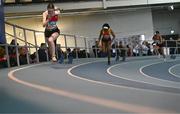 29 March 2025; Chloe Wafer of Enniscorthy AC, Wexford, competes in the Girls U17 200m during day one of the 123.ie National Indoor Juvenile Championships at the TUS Indoor Arena in Athlone, Westmeath. Photo by Ben McShane/Sportsfile