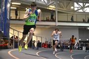 29 March 2025; Luis Blinco of Metro/St. Brigids AC, Dublin, competes in the Boys U17 400m during day one of the 123.ie National Indoor Juvenile Championships at the TUS Indoor Arena in Athlone, Westmeath. Photo by Ben McShane/Sportsfile