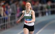 29 March 2025; Rebecca O Rourke of Raheny Shamrock AC, Dublin, competes in the Girls U17 200m during day one of the 123.ie National Indoor Juvenile Championships at the TUS Indoor Arena in Athlone, Westmeath. Photo by Ben McShane/Sportsfile