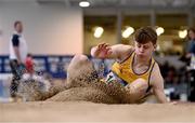 29 March 2025; Darragh Fahy of Loughrea AC, Galway, competes in the Boys U19 Triple Jump during day one of the 123.ie National Indoor Juvenile Championships at the TUS Indoor Arena in Athlone, Westmeath. Photo by Ben McShane/Sportsfile