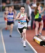 29 March 2025; Jake O Connor of Limerick AC, Limerick, on his way to winning in the Boys U12 600m during day one of the 123.ie National Indoor Juvenile Championships at the TUS Indoor Arena in Athlone, Westmeath. Photo by Ben McShane/Sportsfile