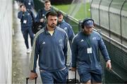 29 March 2025; Munster players Jean Kleyn, left, and Jeremy Loughman arrive before the United Rugby Championship match between Connacht and Munster at Hastings Insurance MacHale Park in Castlebar, Mayo. Photo by Seb Daly/Sportsfile