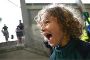 29 March 2025; Connacht supporter Sam Morley, age seven, from Kiltimagh, Mayo, reacts after greeting Connacht's Bundee Aki before the United Rugby Championship match between Connacht and Munster at Hastings Insurance MacHale Park in Castlebar, Mayo. Photo by Seb Daly/Sportsfile